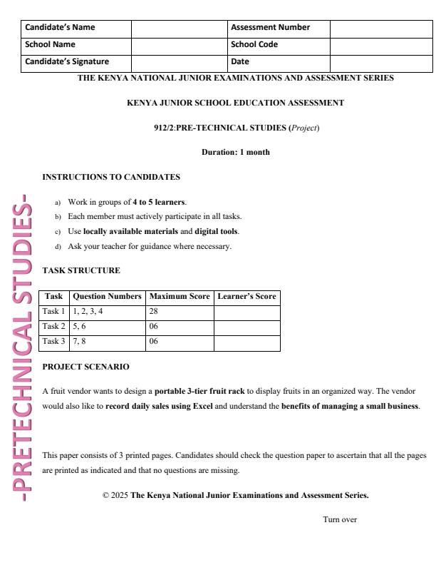 Page 1 – Grade 9 Pre Technical Studies Paper 2 August 2025 Holiday Assignment – Kenyaplex