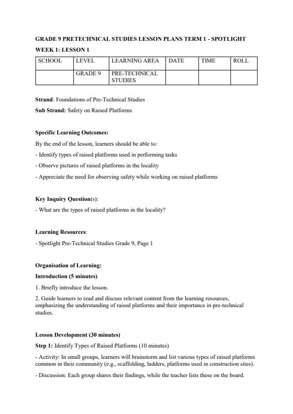 Page 1 – Grade 9 Pretechnical Studies Lesson Plans Term 1 -  Spotlight Pre Technical Studies  – Kenyaplex