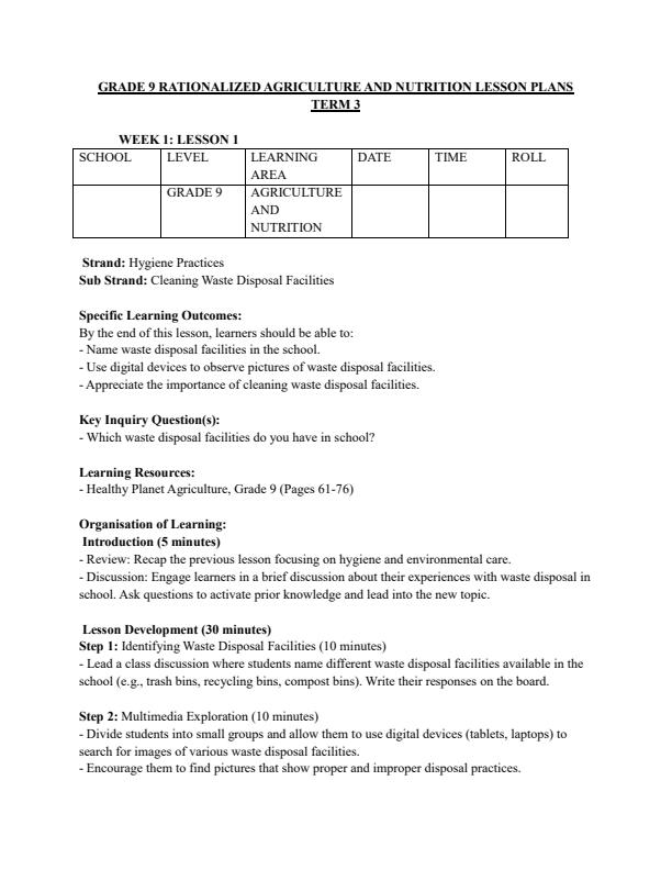 Page 1 – Grade 9 Rationalized Agriculture and Nutrition Lesson Plans Term 3 – Kenyaplex
