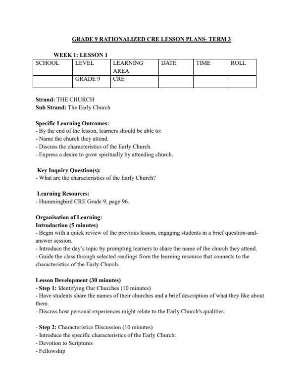 Page 1 – Grade 9 Rationalized CRE Lesson Plans Term 3 – Kenyaplex