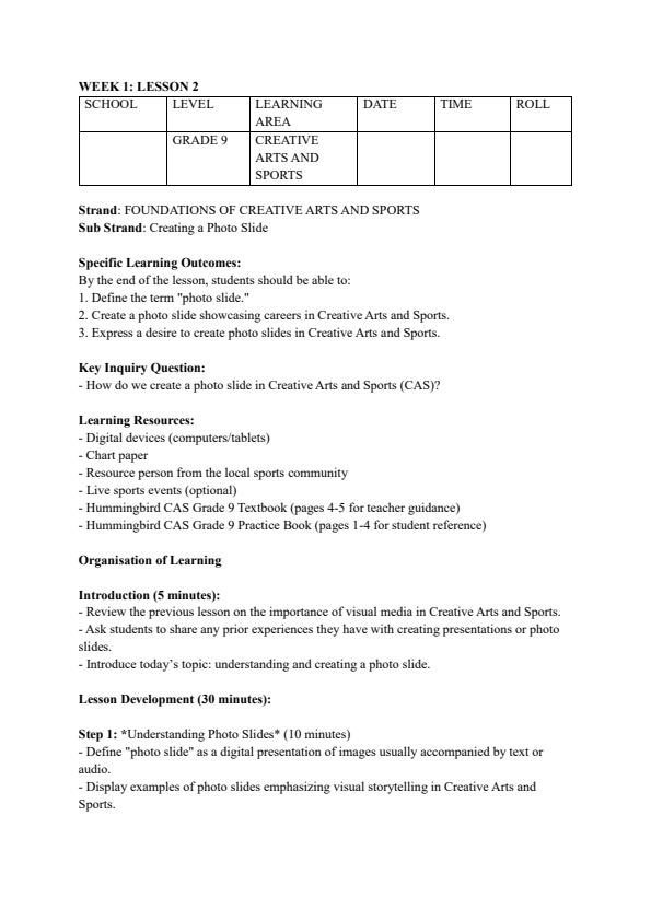 Page 3 – Grade 9 Rationalized Creative Arts and Sports Lesson Plans Term 1 - Humming Bird – Kenyaplex