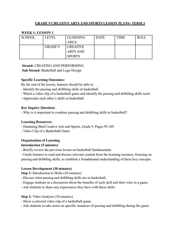 Page 1 – Grade 9 Rationalized Creative Arts and Sports Lesson Plans Term 3 – Kenyaplex