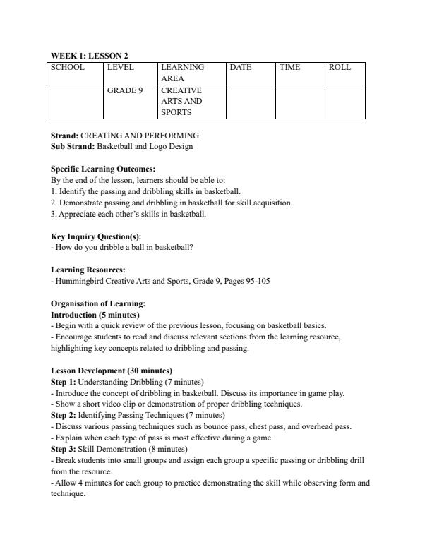 Page 3 – Grade 9 Rationalized Creative Arts and Sports Lesson Plans Term 3 – Kenyaplex