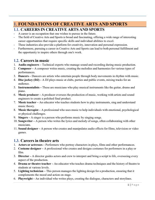 Page 2 – Grade 9 Rationalized Creative Arts and Sports Notes Term 1, Term 2, Term 3 – Kenyaplex