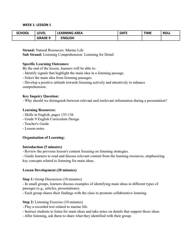 Page 1 – Grade 9 Rationalized English Lesson Plans Term 2 - Skills in English – Kenyaplex