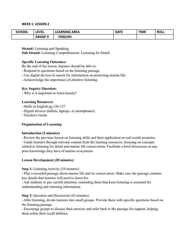 Page 3 – Grade 9 Rationalized English Lesson Plans Term 2 - Skills in English – Kenyaplex