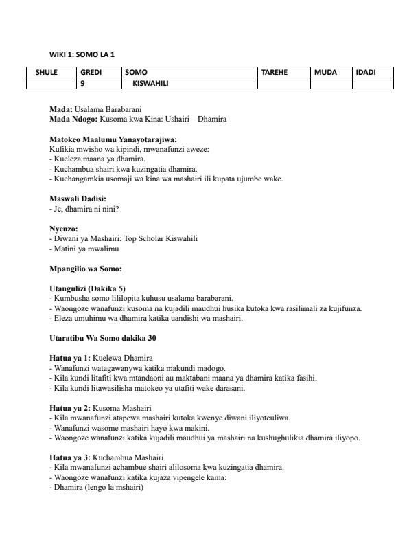 Page 1 – Grade 9 Rationalized Kiswahili Lesson Plans Term 2 - KLB Top Scholar – Kenyaplex