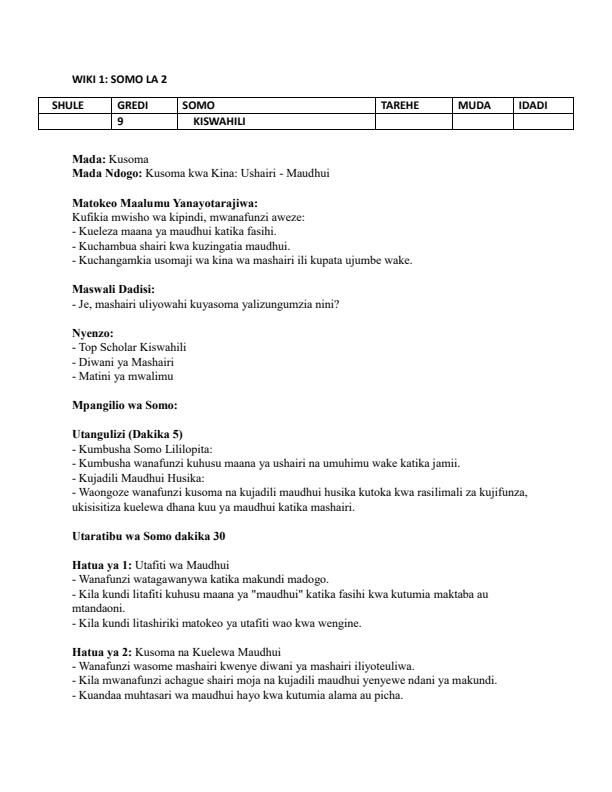 Page 3 – Grade 9 Rationalized Kiswahili Lesson Plans Term 2 - KLB Top Scholar – Kenyaplex