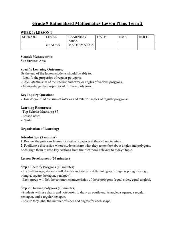 Page 1 – Grade 9 Rationalized Mathematics Lesson Plans Term 2 - KLB Top Scholar – Kenyaplex
