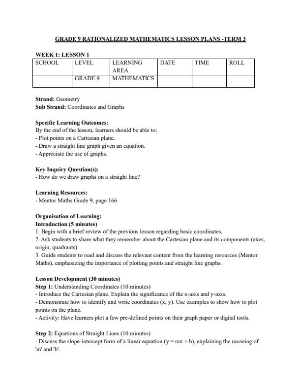 Page 1 – Grade 9 Rationalized Mathematics Lesson Plans Term 3 – Kenyaplex