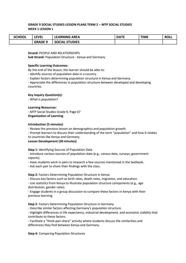 Page 1 – Grade 9 Social Studies Lesson Plans Term 2 - MTP – Kenyaplex