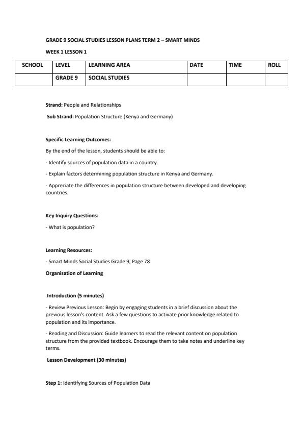 Page 1 – Grade 9 Social Studies Lesson Plans Term 2 - Smart Minds – Kenyaplex