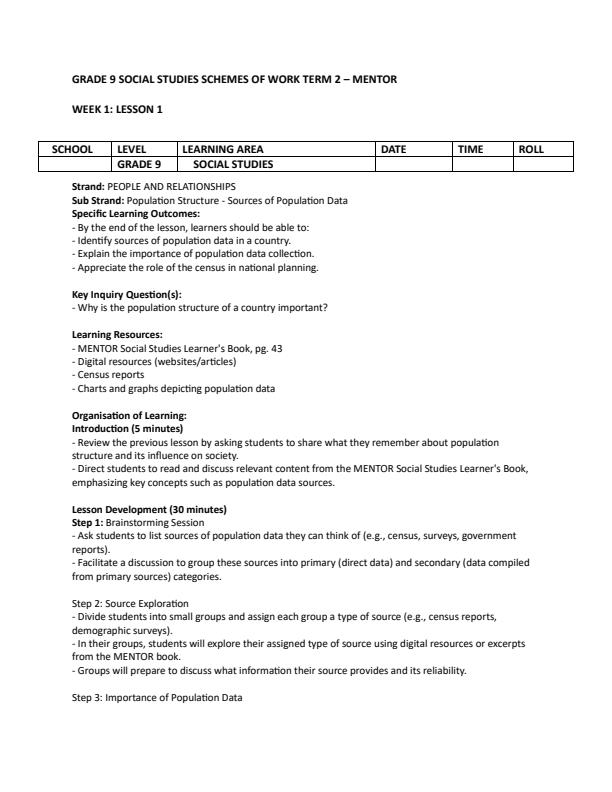 Page 1 – Grade 9 Social Studies Lesson Plans Term 2 Mentor – Kenyaplex