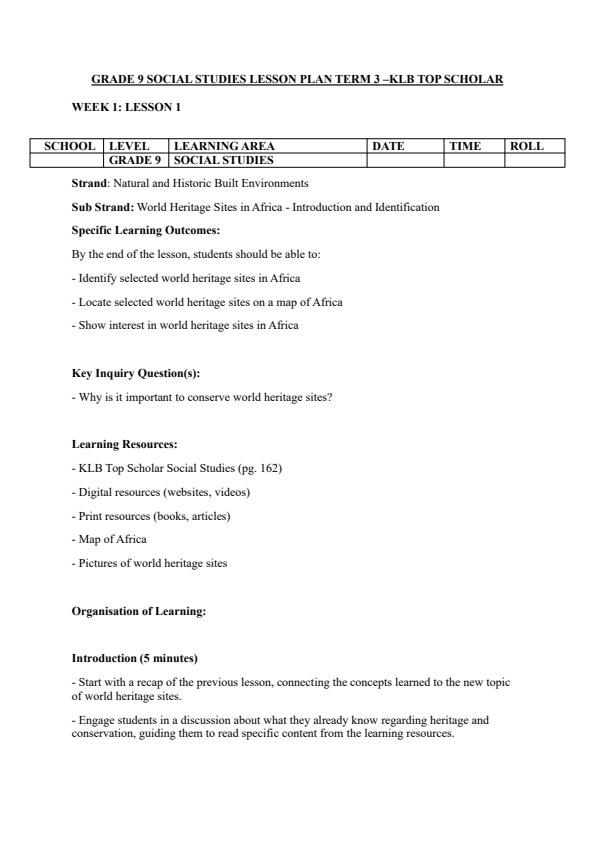 Page 1 – Grade 9 Social Studies Lesson Plans Term 3 - KLB Top Scholar – Kenyaplex