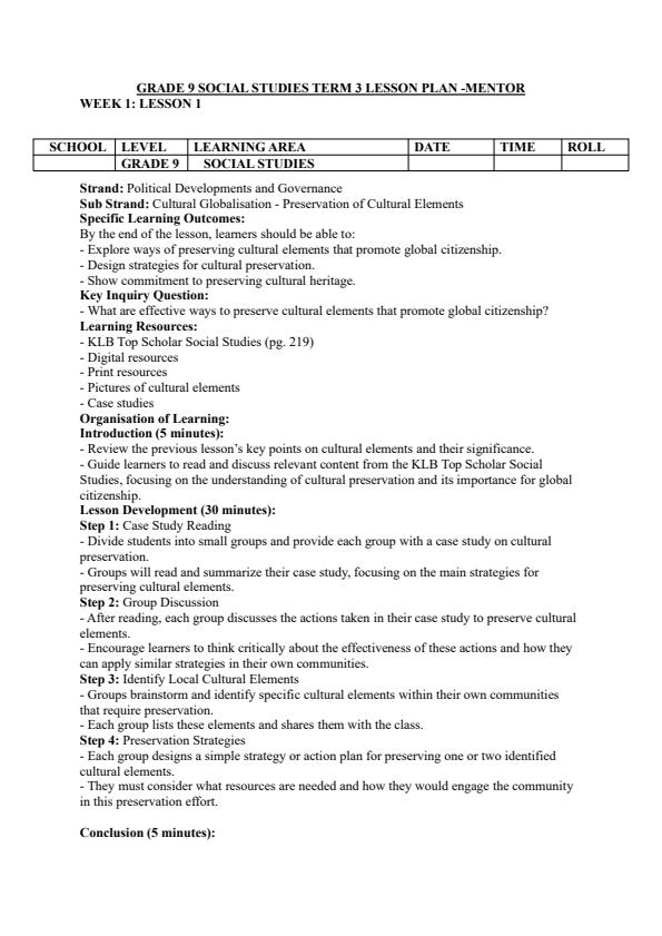 Page 1 – Grade 9 Social Studies Lesson Plans Term 3 - Mentor – Kenyaplex