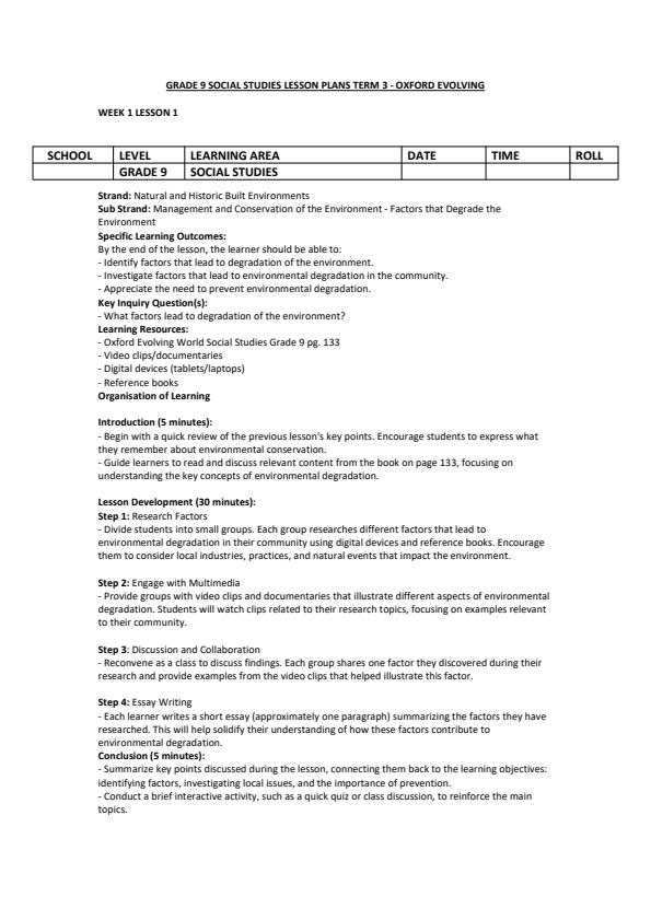 Page 1 – Grade 9 Social Studies Lesson Plans Term 3 - Oxford Evolving World – Kenyaplex