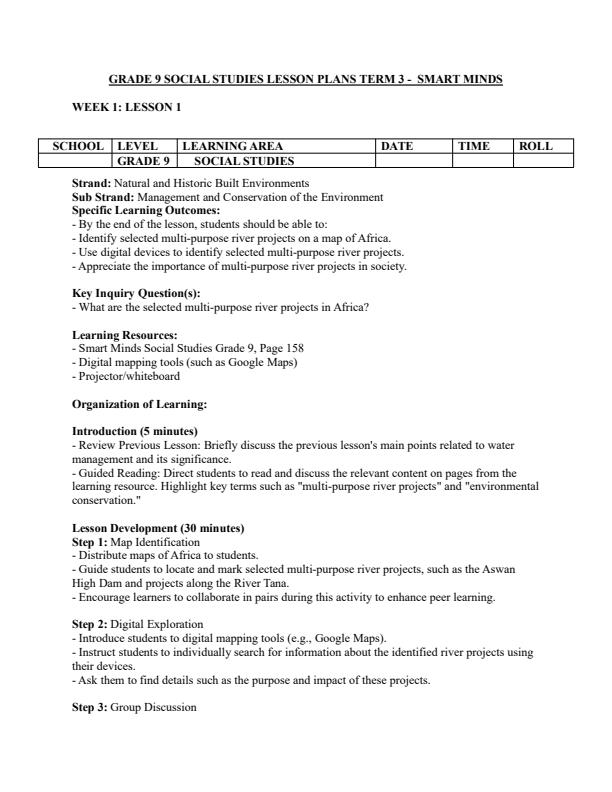 Page 1 – Grade 9 Social Studies Lesson Plans Term 3 - Smart Minds – Kenyaplex