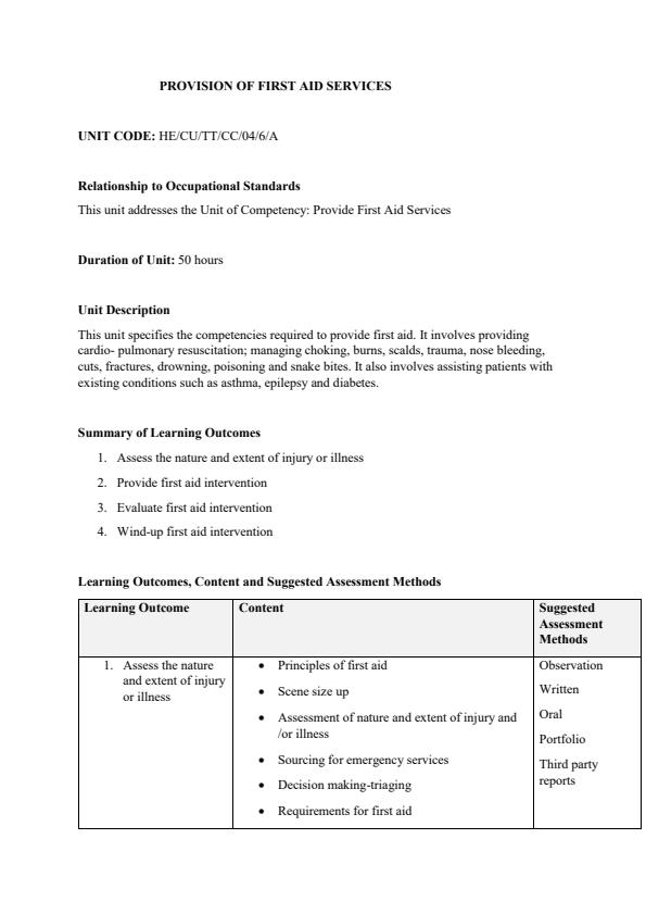 Page 1 – HE/CU/TT/CC/04/6/A: Provision of First Aid Services Notes – Kenyaplex