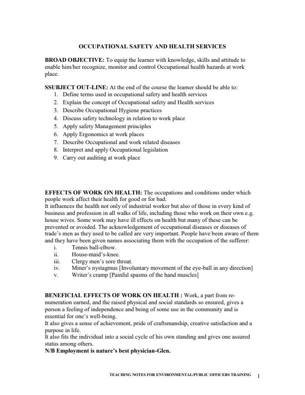 Page 1 – HE/CU/TT/CC/06/5/A: Occupational Safety and Health Services Notes – Kenyaplex