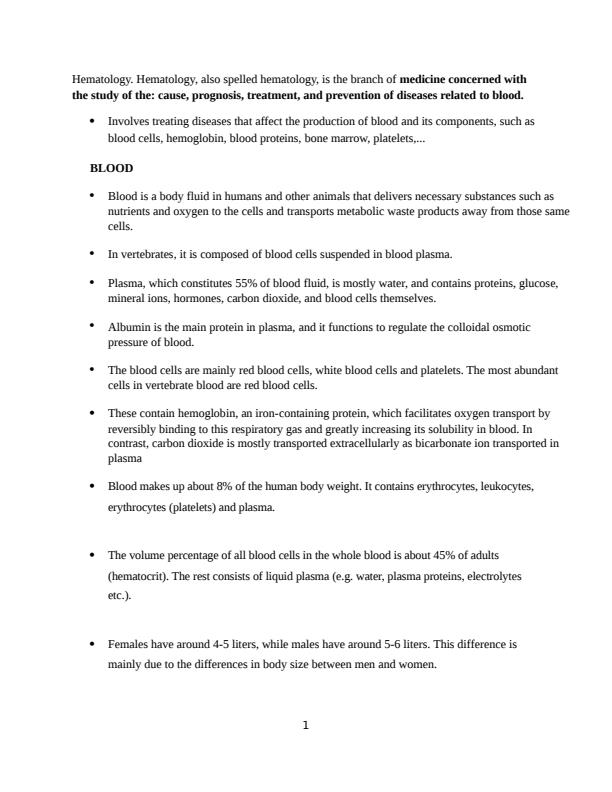 Page 1 – Haematology Notes: Blood components, their functions, production and destruction – Kenyaplex