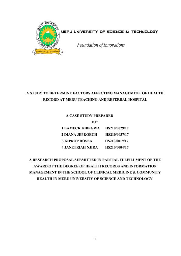 Page 1 – Health Records Research Proposal: A Study to Determine Factors Affecting Management of Health Records – Kenyaplex