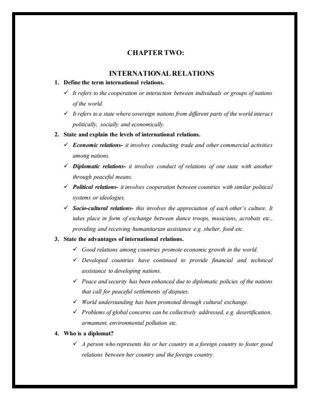 Page 1 – History and Government Form 4 Chapter 2: International Relations Questions and Answers – Kenyaplex