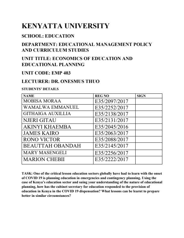 Page 1 – How has the cabinet secretary for education responded to the provision of education in Kenya in the COVID 19 dispensation? – Kenyaplex