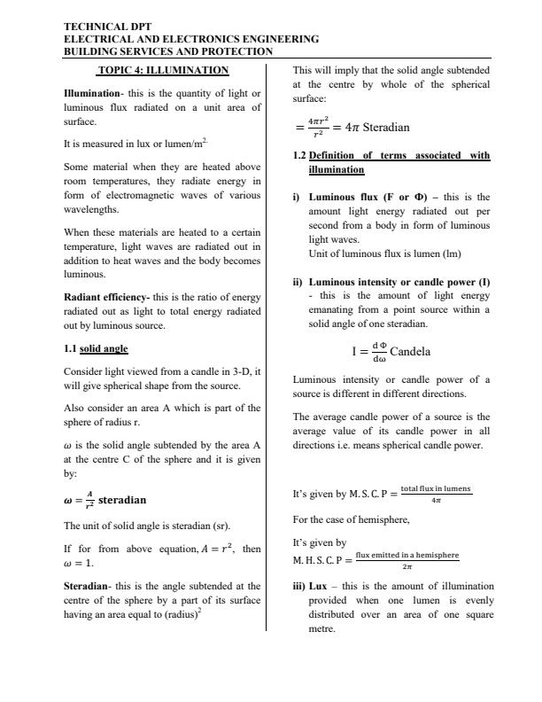 Illumination Notes for Diploma in Electrical Engineering Module 2 16425
