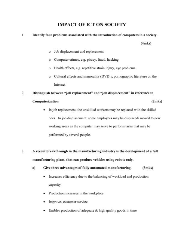 Page 1 – Impact of ICT on Society Topical Questions and Answers: Form 4 Computer Studies – Kenyaplex