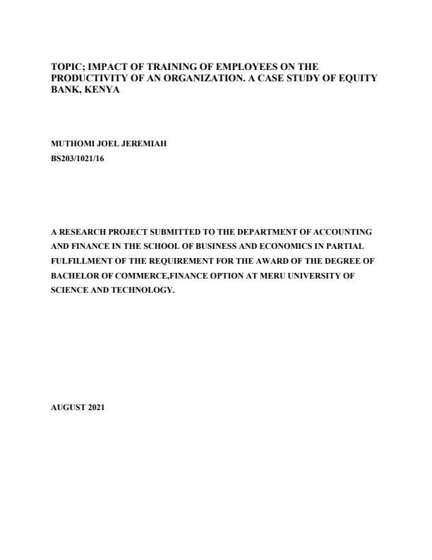 Page 1 – Impact of Training of Employees on the Productivity of an Organization. A case Study of Equity Bank, Kenya  – Kenyaplex