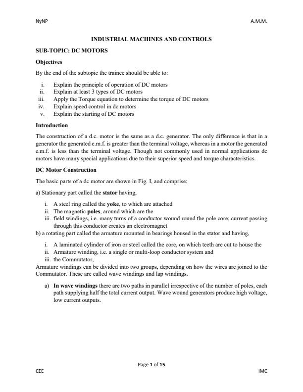 Industrial Machines and Controls Notes on DC Motors 13603