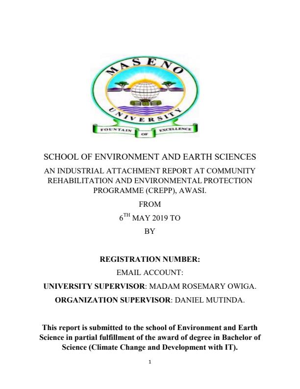 Page 1 – Industrial attachment report at community rehabilitation and environmental protection programme (CREPP), Awasi. – Kenyaplex
