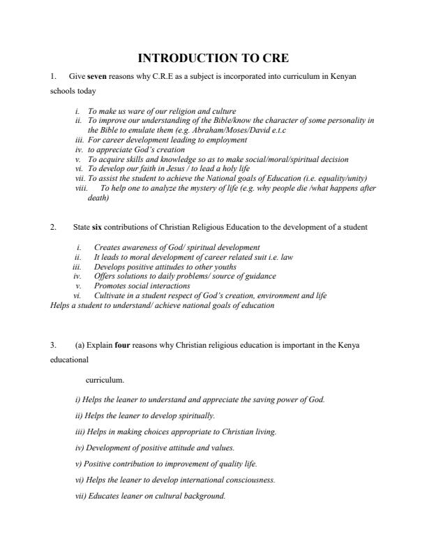 Page 1 – Introduction to CRE Topical Questions and Answers: Form 1 CRE – Kenyaplex