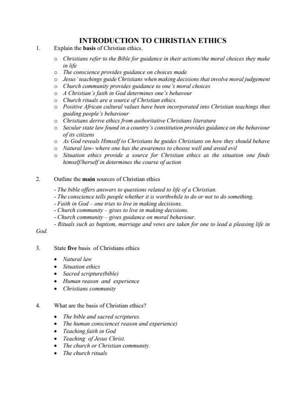 Page 1 – Introduction to Christian Ethics Topical Questions and Answers: Form 4 CRE – Kenyaplex
