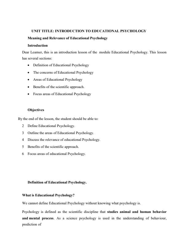 Page 1 – Introduction to Educational Psychology Notes – Kenyaplex
