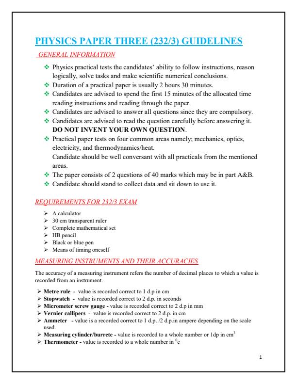 Page 1 – KCSE Physics Practical Examiners Guidelines – Kenyaplex