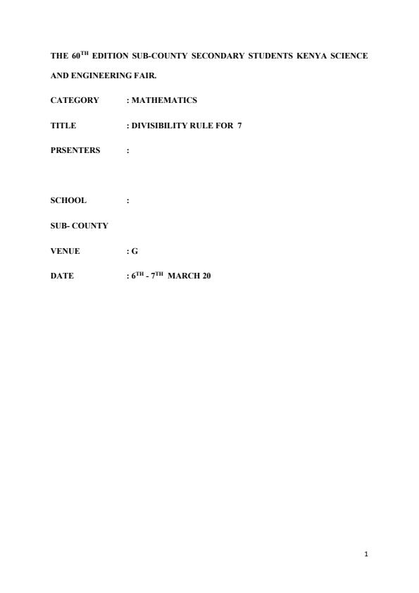 Page 1 – KSEF Sample Mathematics Project: Divisibility Rule for 7 – Kenyaplex