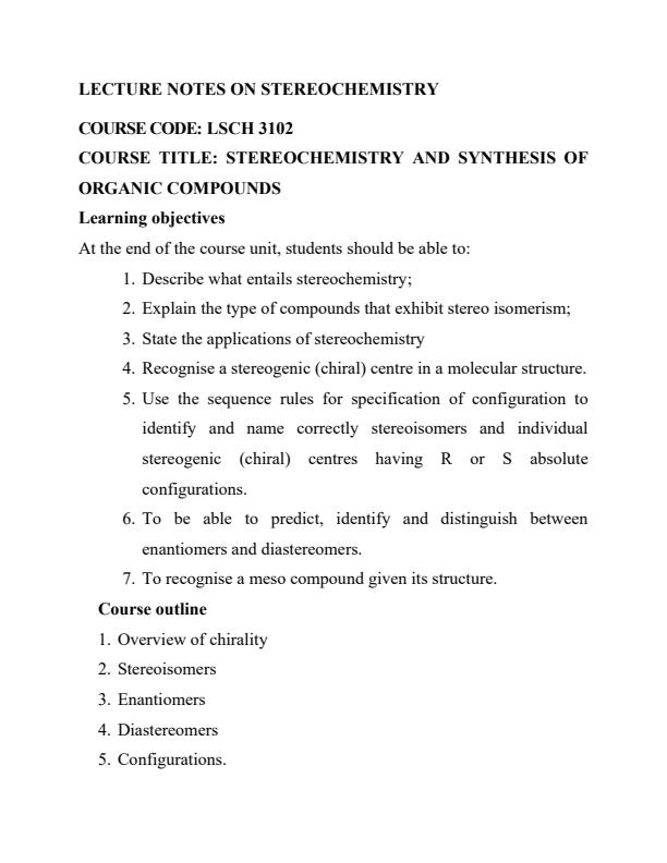 Page 1 – LSCH  3102: Stereochemistry and Synthesis of Organic Compounds Notes – Kenyaplex