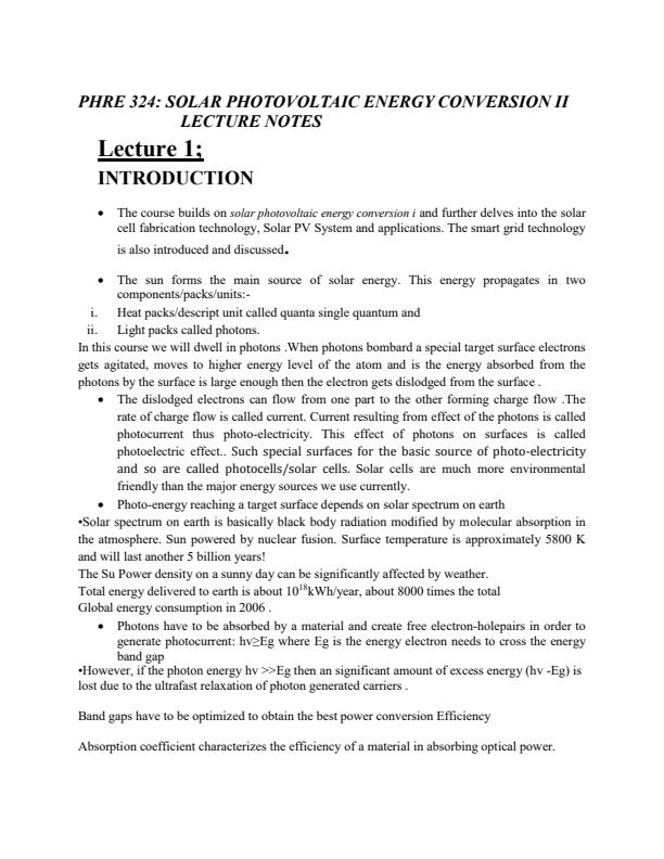 Page 1 – Lecture 1 (Introduction  Notes): PHRE 324: Solar Photovoltaic Energy Conversion II – Kenyaplex