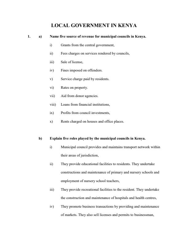 Page 1 – Local Government in Kenya Topical Questions and Answers: Form 4 History and Government – Kenyaplex