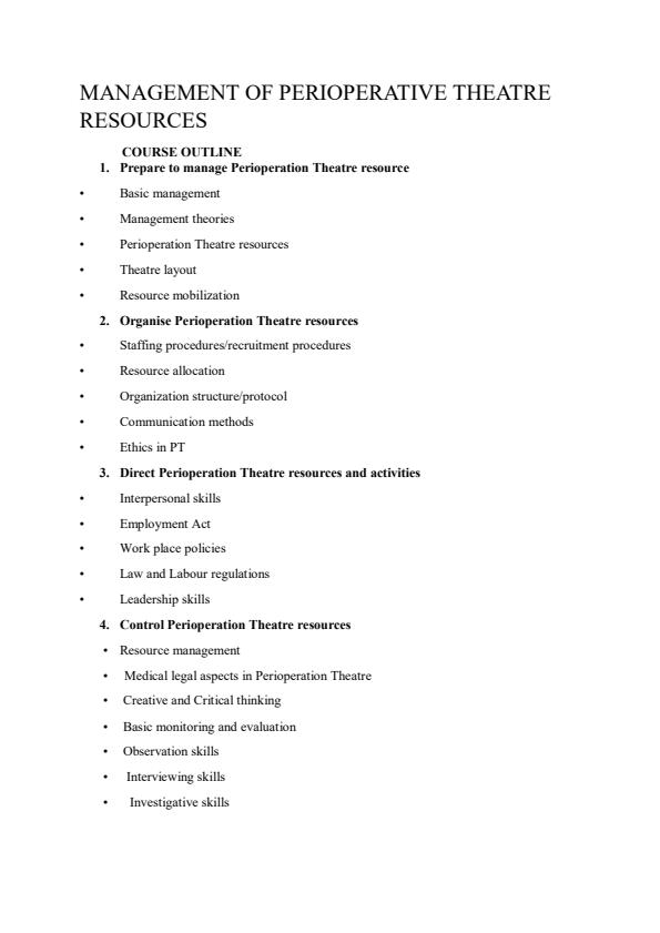 Page 1 – Management of Perioperative Theatre Resources Notes – Kenyaplex