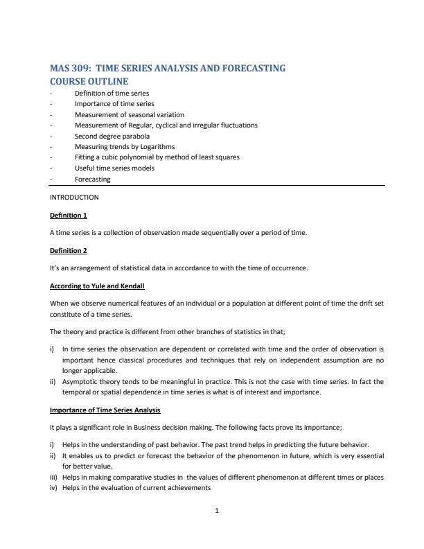 Page 1 – Mas 309: Time Series Analysis and Forecasting Notes – Kenyaplex