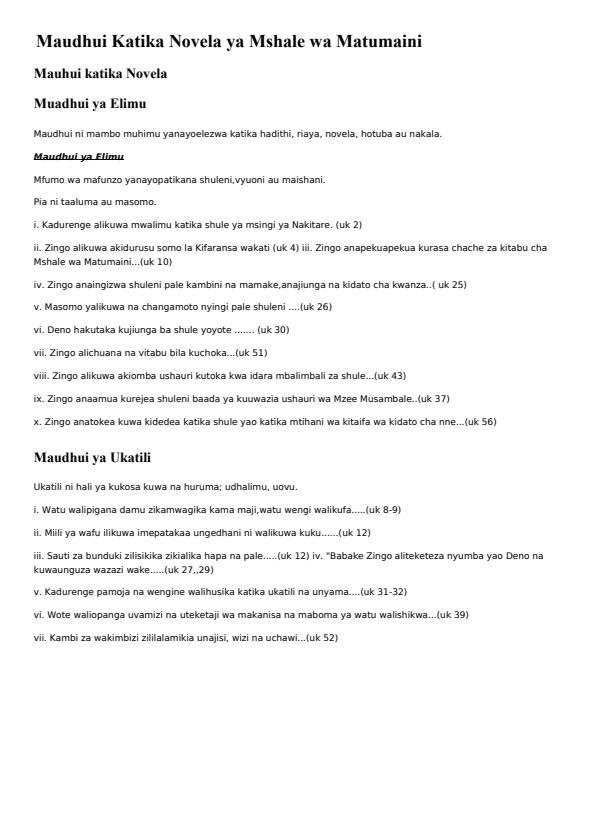 Page 1 – Maudhui Katika Novela ya Mshale wa Matumaini – Kenyaplex