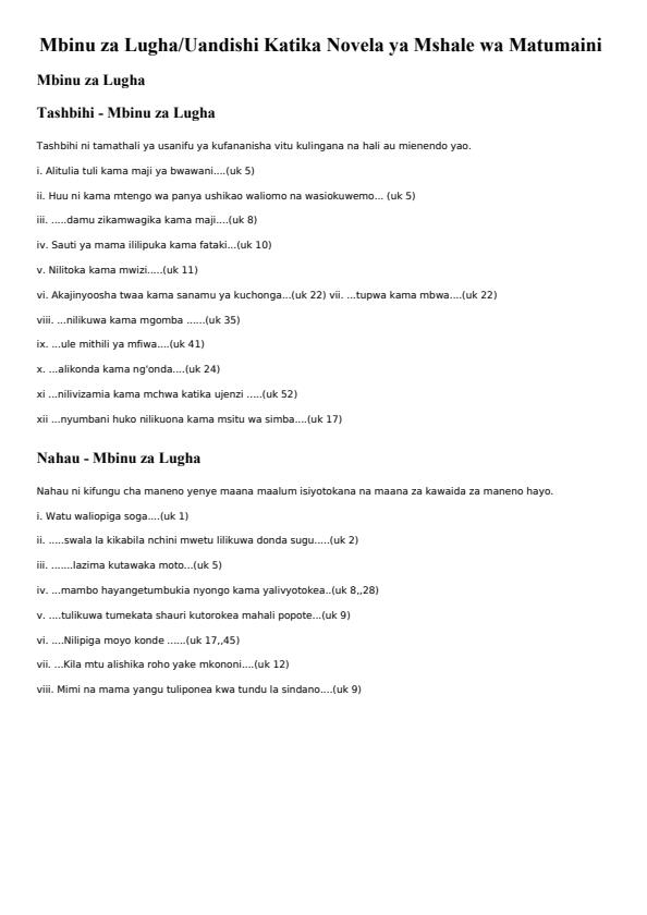Page 1 – Mbinu za Lugha (Tashbihi, Nahau, Methali) - Mshale wa Matumaini – Kenyaplex