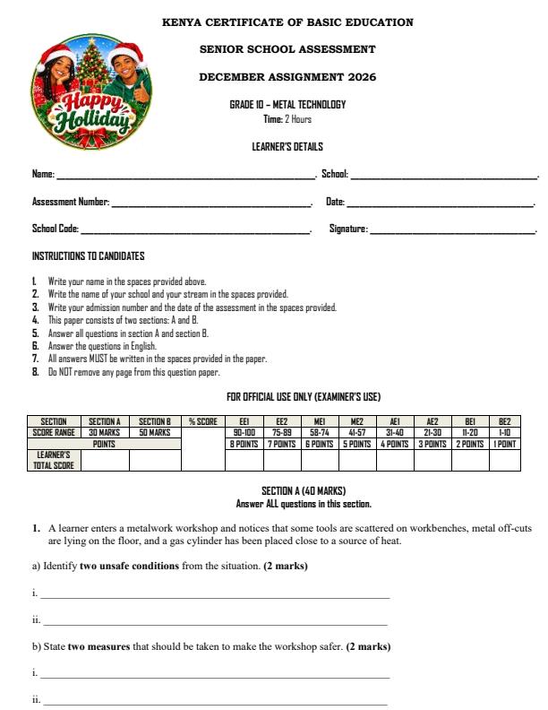 Page 1 – Metal Technology December 2026 Holiday Assignment – Kenyaplex