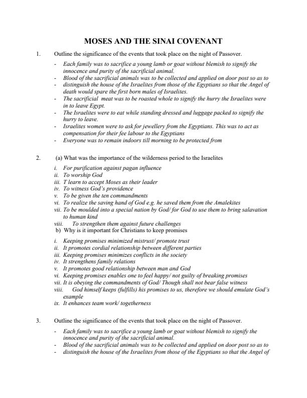 Page 1 – Moses and the Sinai Covenant Topical Questions and Answers: Form 1 CRE – Kenyaplex