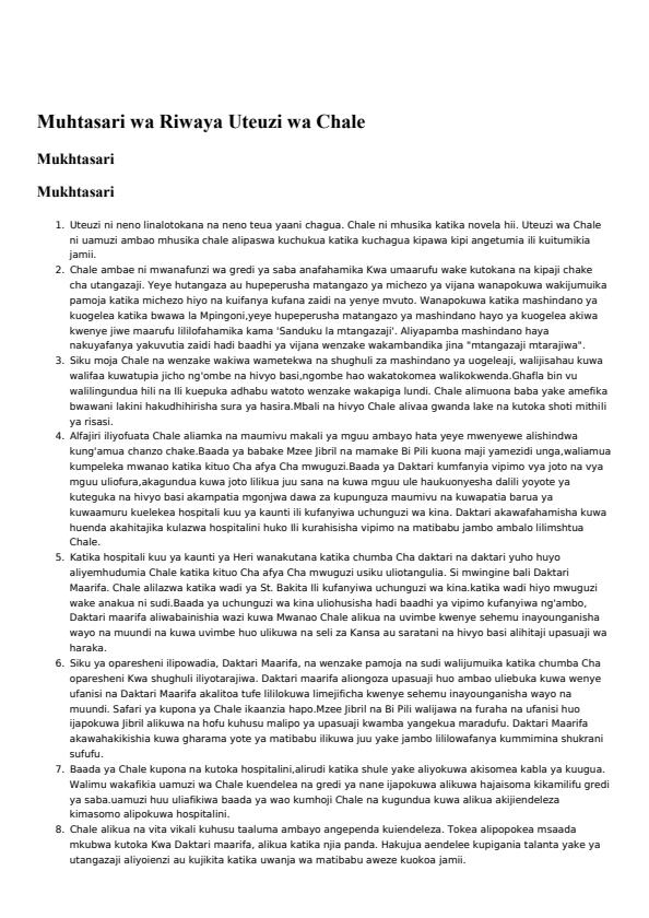 Page 1 – Muhtasari wa Riwaya Uteuzi wa Chale – Kenyaplex