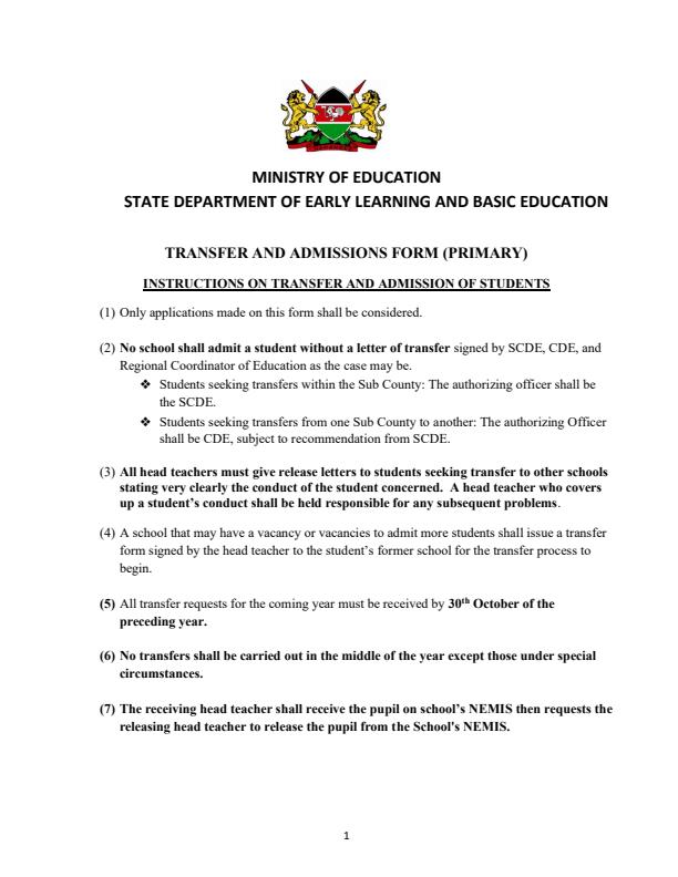 Page 1 – NEMIS Transfer Form for Primary Schools (Revised) – Kenyaplex