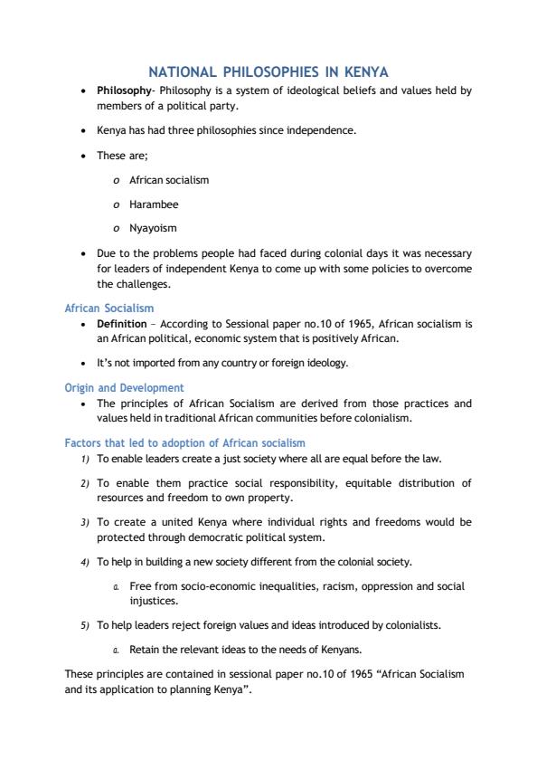 Page 1 – National Philosophies in Kenya Notes: Form 4 History and Government – Kenyaplex