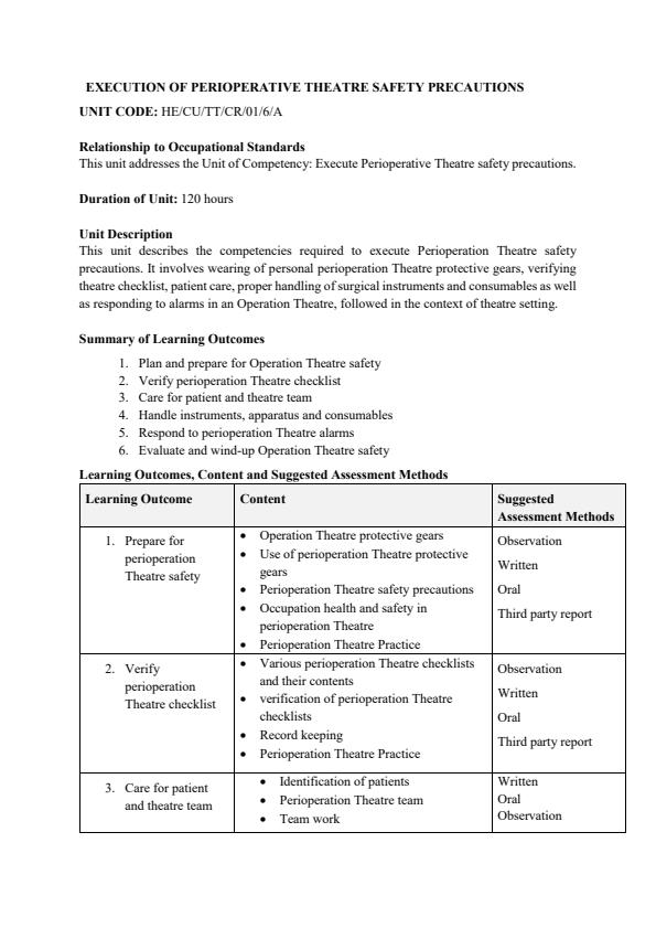 Page 1 – Notes of Execution of Perioperative Theatre Safety Precautions – Kenyaplex